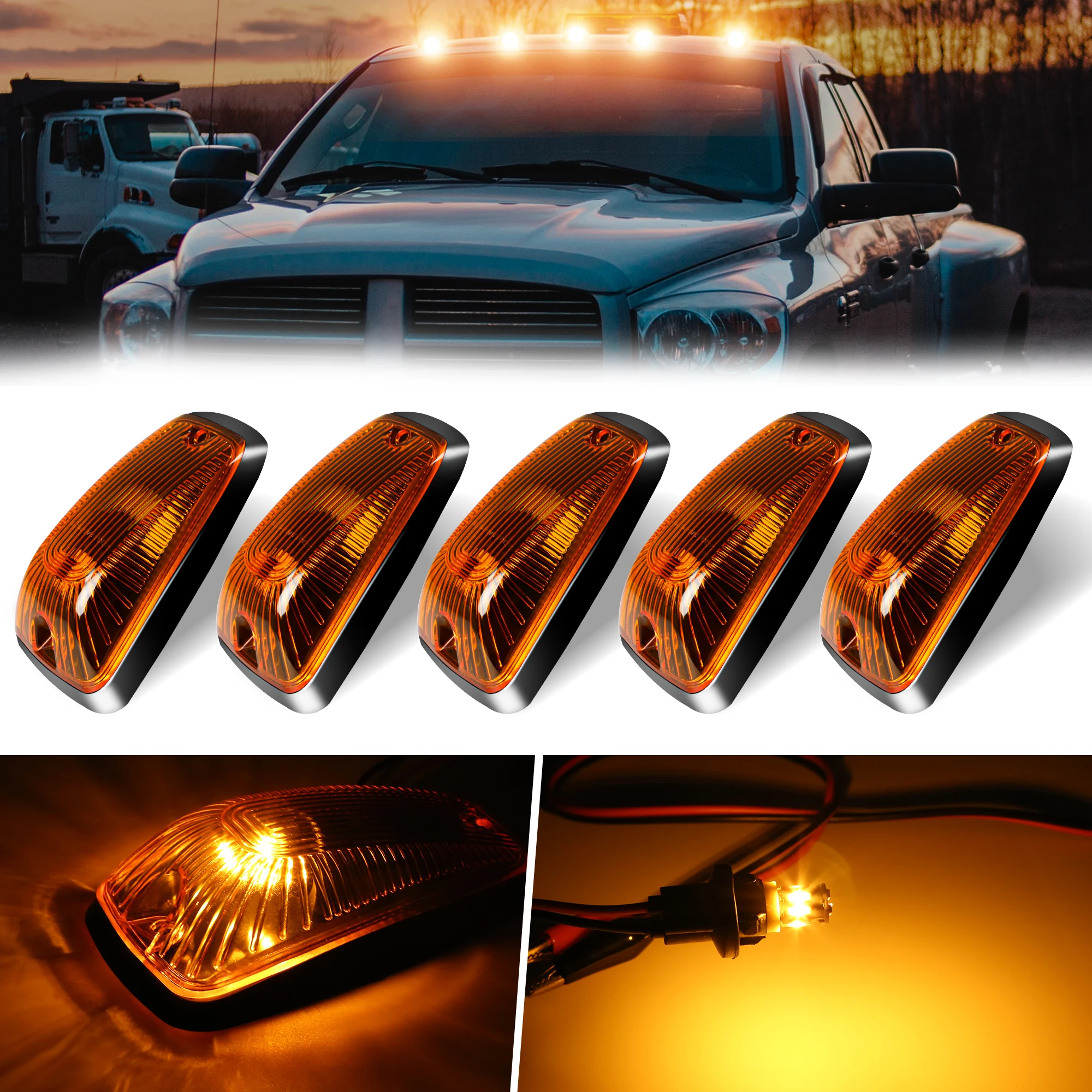 5PCS Amber/White/Smoked Chevy/GMC Cab Roof Running Light Cover Base with T10 5050 LED Bulbs for C/K 1500 2500 3500 Pickup Trucks