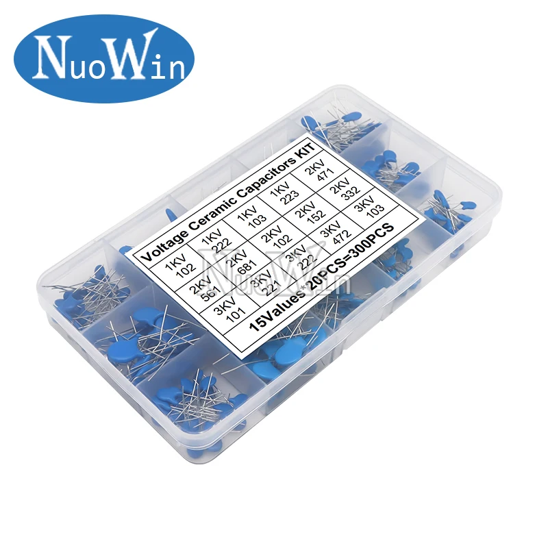 300PCS High Voltage Ceramic Capacitor Assorted Kit 15Values 1KV 2KV 3KV 100PF 470PF 1NF 10NF 22NF Capacitance Set