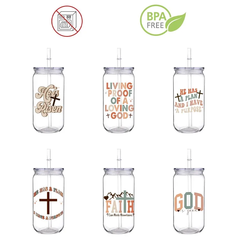 Christ Design Printed 3D Transfer PET Plastic Straw Cup Comes With Straw And Cup Lid DIY Faith God Environment Protection