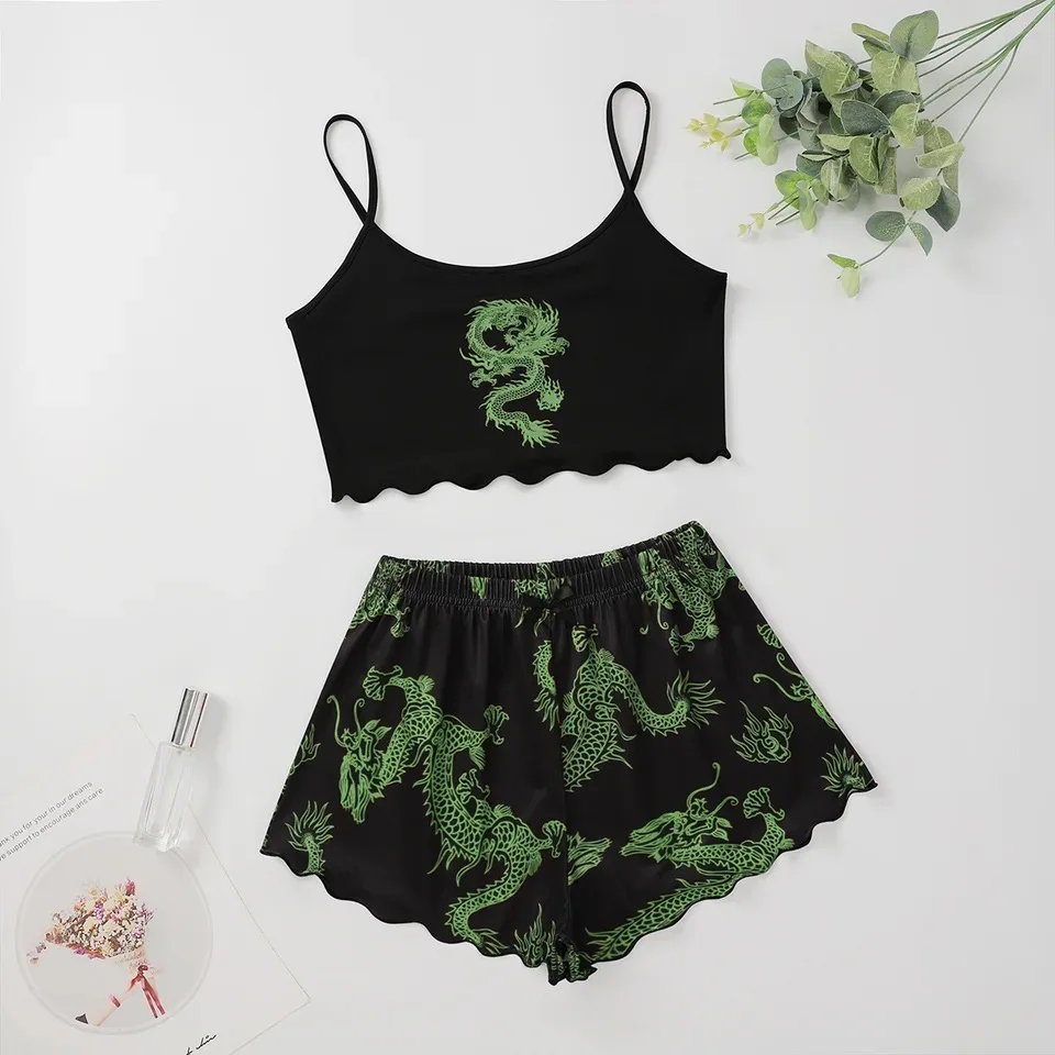 Women\'s 2pcs Cute Soft Comfy Dragon Print Pajamas Set Animal Sleepwear Sleeveless Shoulder Strap Nightgless Cute Top And Shorts