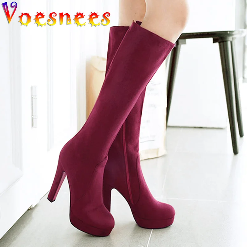 High Quality Suede Knee-High Long Boots Classic Short Plush Warm High Heels Side Zipper Autumn And Winter Fashion Women Shoes