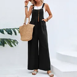 Vintage Cotton Linen Jumpsuit Women 2024 Casual Solid Button Wide Leg Suspender Pants with Pockets Summer Loose Overalls Rompers