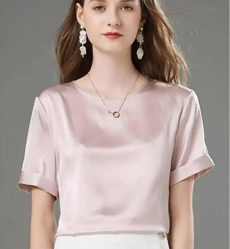 Women's Basic Artificial Silk Chiffon Shirt plus size Short Sleeve Korean Style Casual Solid Satin Blouse Summer Streetwear Top