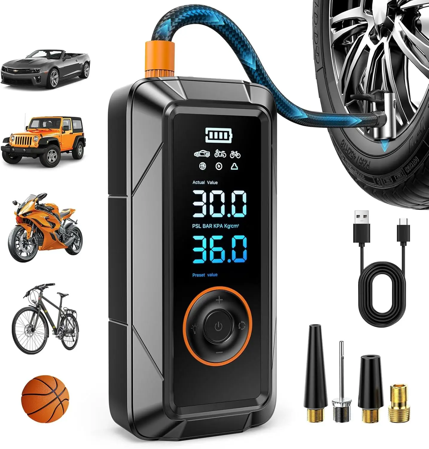 

Portable Tire Inflator 150 PSI Air Compressor, Cordless DC Pump for Cars, Bikes, Motorcycles, Balls with Pressure Gauge & Auto S