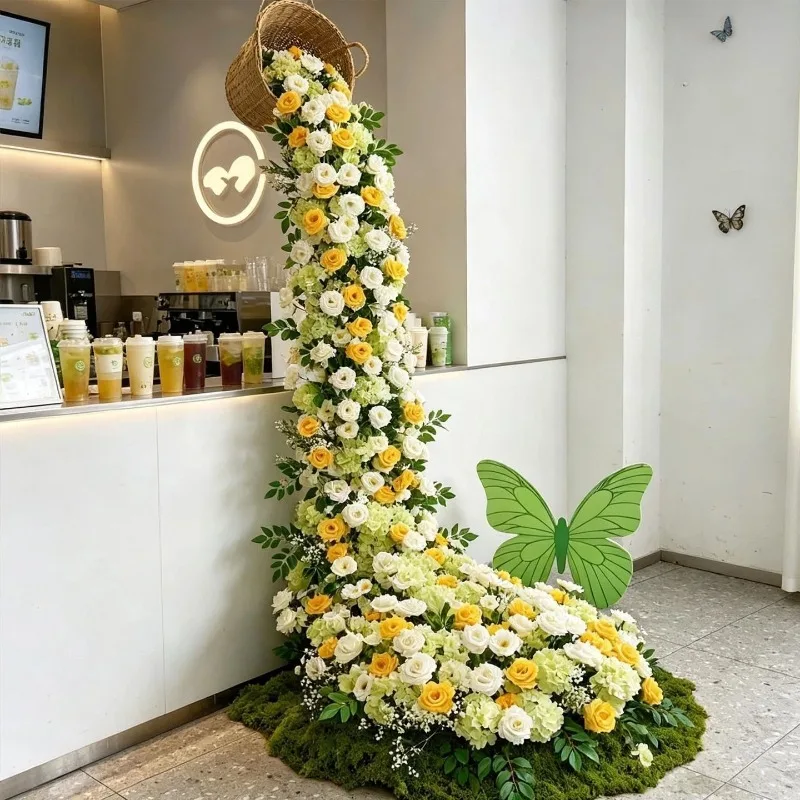 Artificial rose check-in flower wall, waterfall wall, fake flowers, pipe decoration, floral vines covering the entrance flower