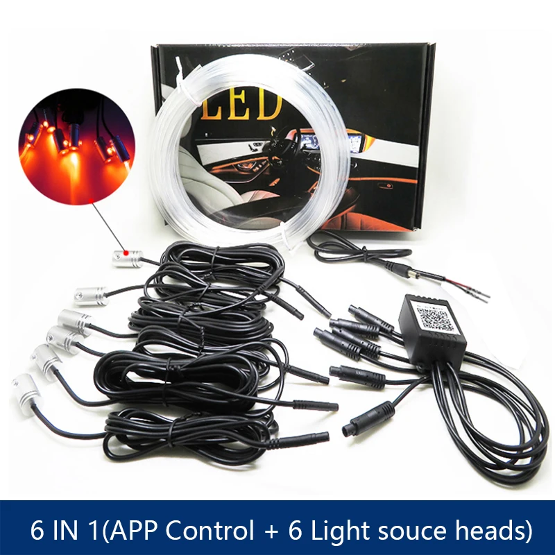 6 In 1 Led-Sfeer Auto Licht Rgb Flexibele Decoratieve Lamp 8M Interieur Omgevingslicht Door App Controle Glasvezel Strips Licht