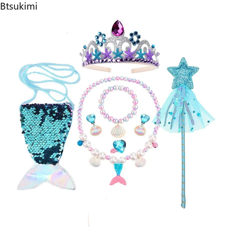 Girls Mermaid Role Play Accessories Sea Theme Jewelry Dress Up Accessories Gloves Crown Wand Necklace Bracelet Earrings Bag Wig