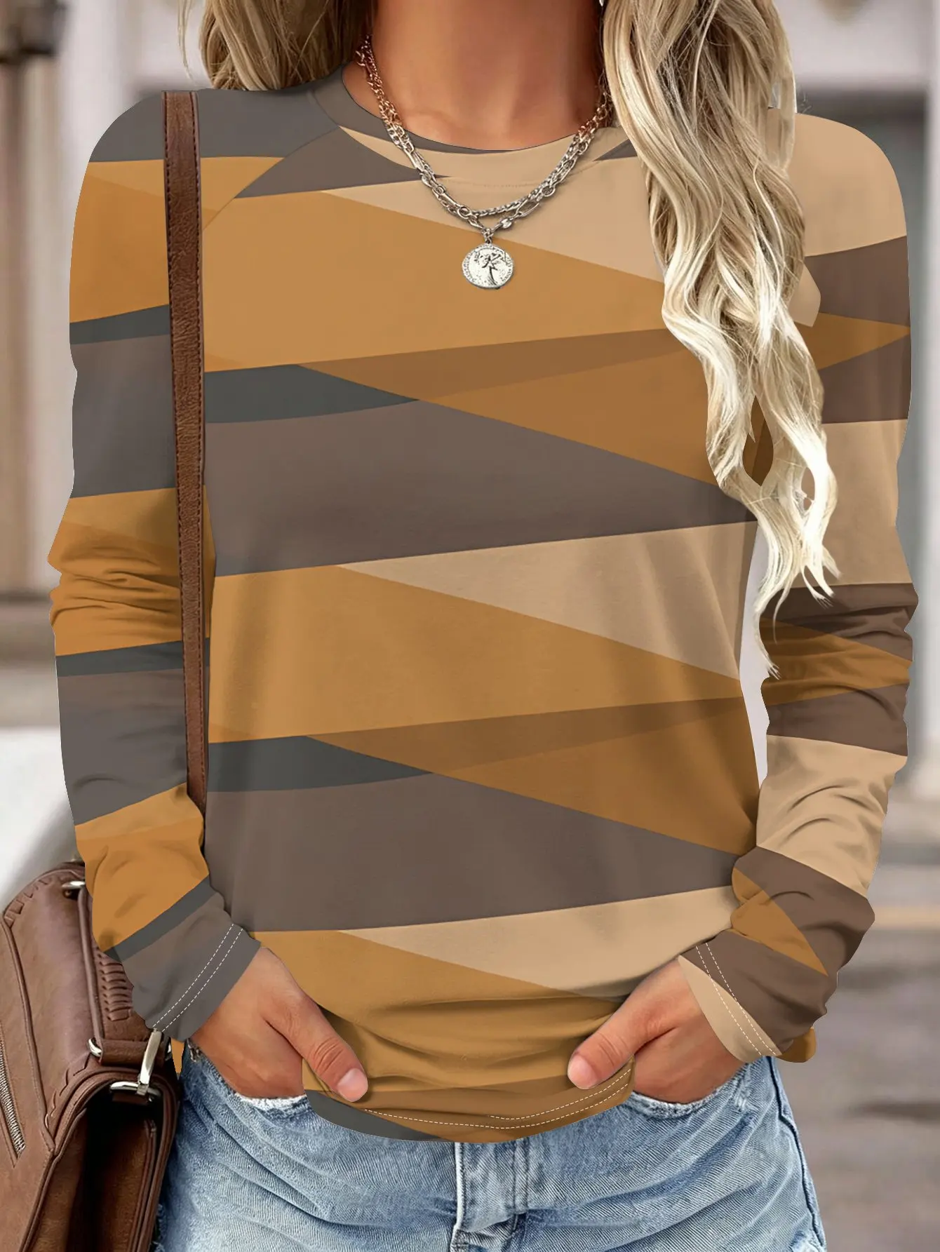 Camisa de manga larga para mujer, con estampado geométrico de bloques de color y rayas, cuello redondo, corte raglán, ideal para el otoño, para uso diario, ropa de mujer.