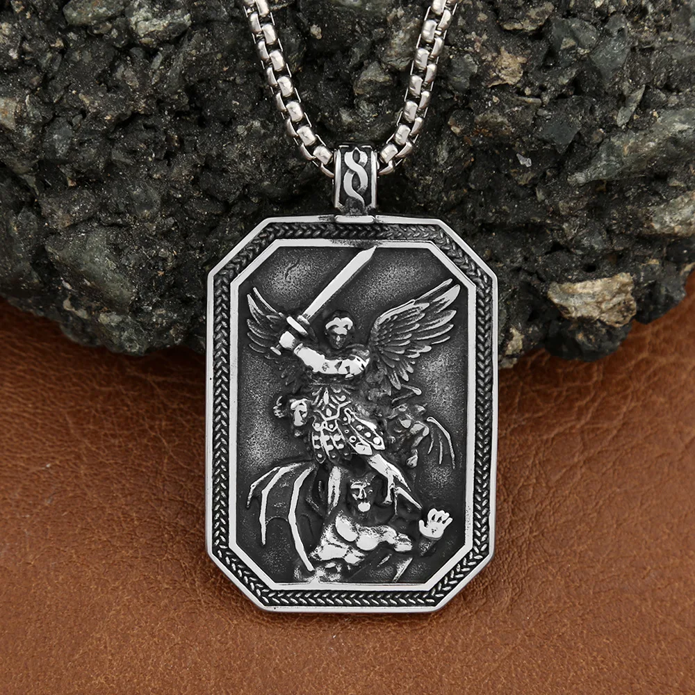 Retro Archangel Sword Shield Pendant Chain for Men Gift Stainless Steel Creative Saint Christopher Necklaces Jewelry Accessories