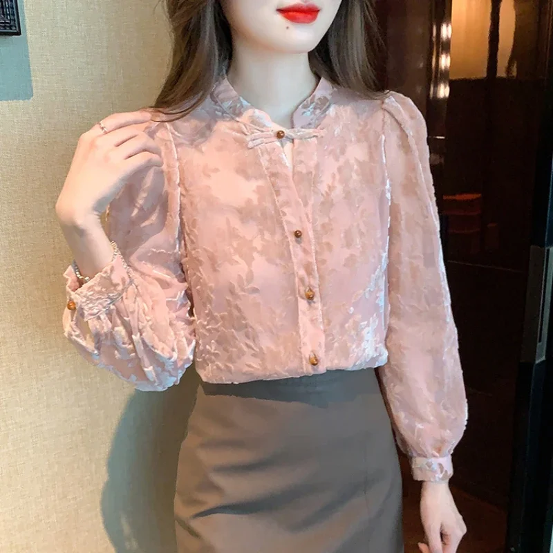 

Spring Fall Women French Style Vintage Velvet Full Sleeve Top Shirt , Woman Clothing Autumn Velour Tops Shirts