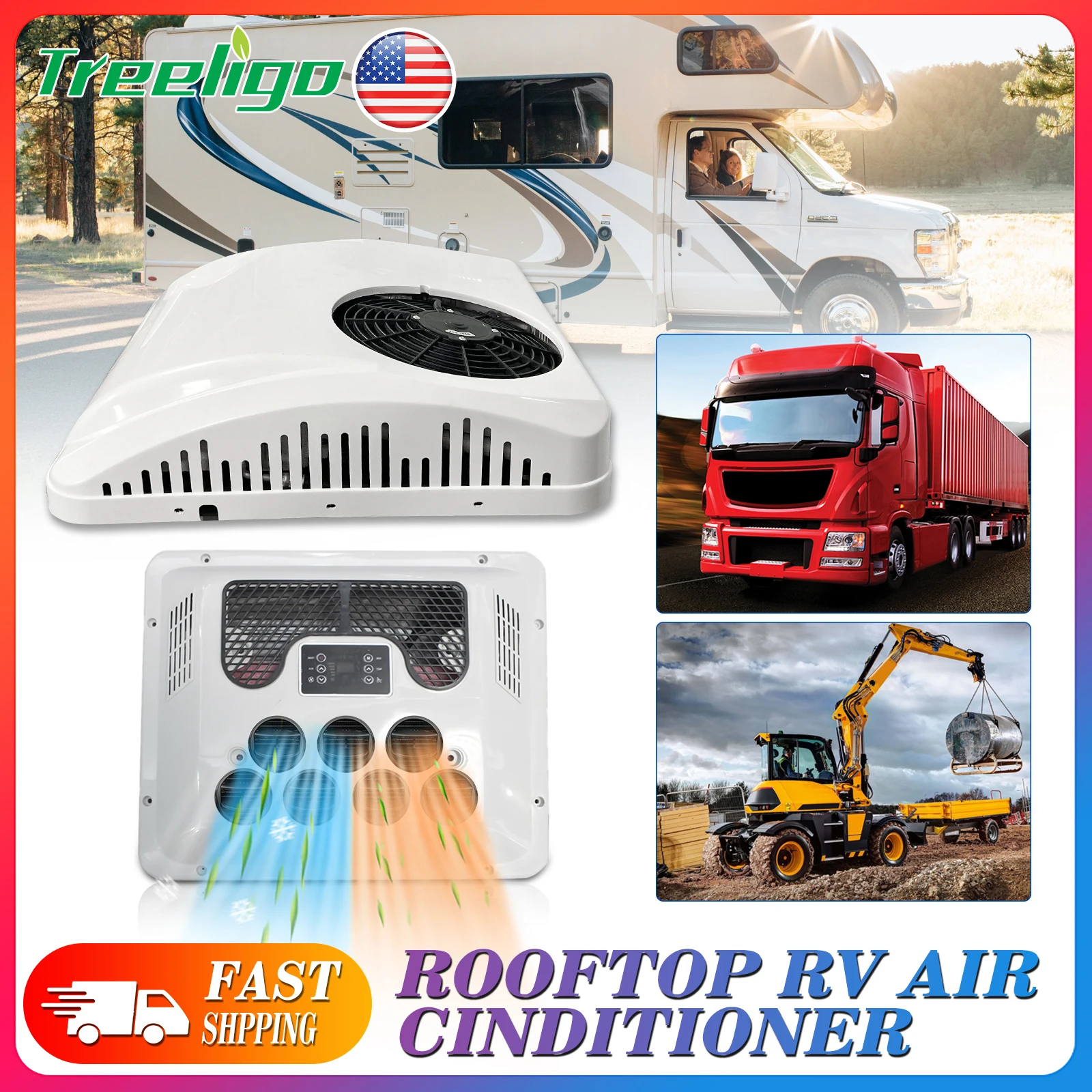 Treeligo12V/24V Heat&Cool Roof Air Conditioner Electric Cool RV Rooftop Parking ac Unit for Truck Camper Van Caravans Motor home