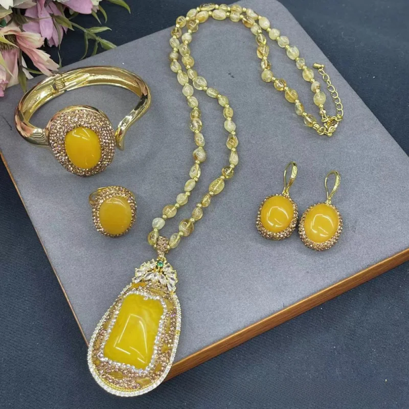 New Artificial Honey Wax Natural Yellow Crystal Chain Women'S Necklace Jewelry Set Luxury Clothing Accessories