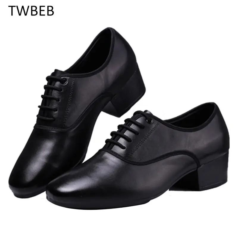 Men Genuine Leather Latin Salsa Tango Dance Shoes Modern Ballroom Shoes Square Heels 5cm Adults Children Boys Party Dance Shoes