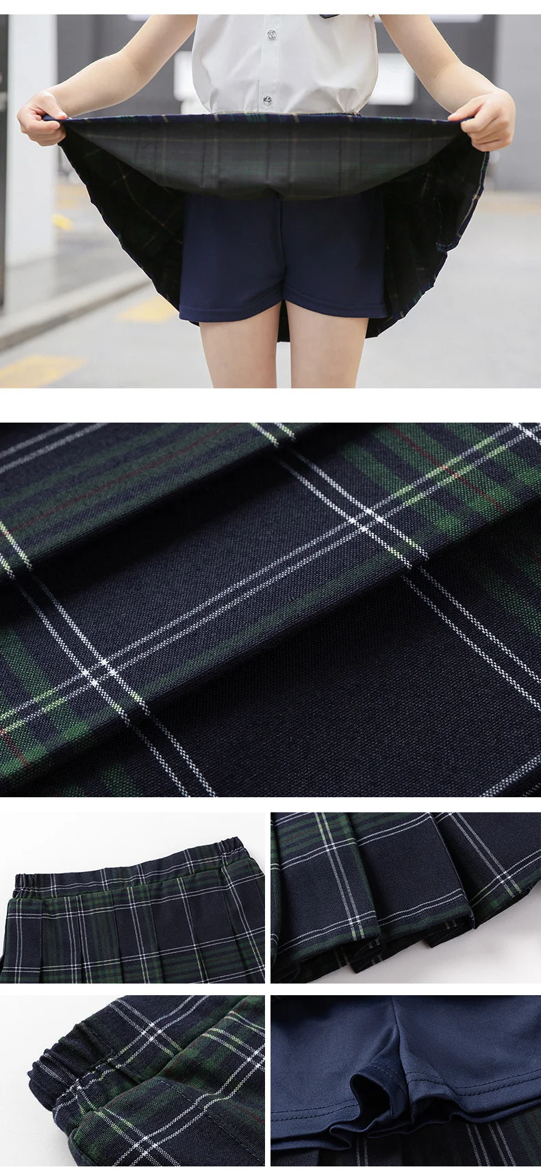 Modischer Preppy-Mädchen-Plissee-Rock mit Sicherheitsshorts, Kinder-A-Linien-Plissee-Minirock für Mädchen, einteilige karierte Kleidung – Detail 7