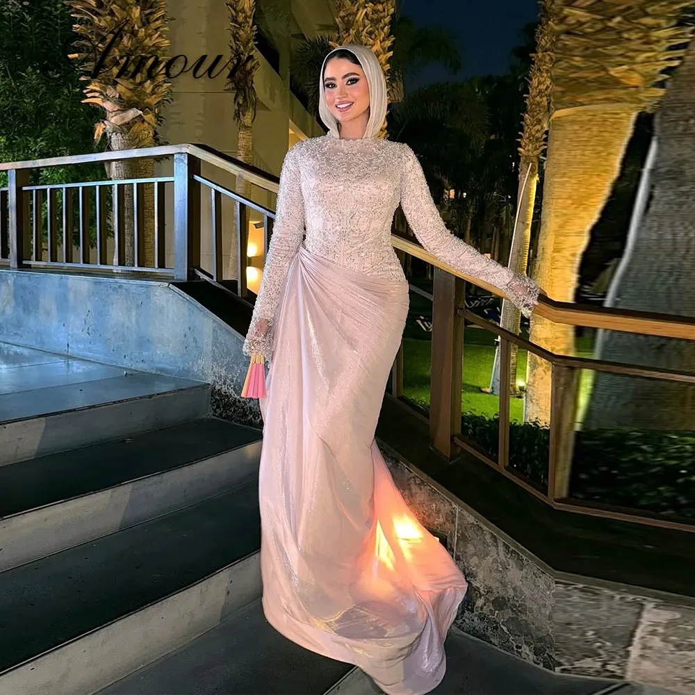 Amour Maßgeschneiderte Muslimische Meerjungfrau Bodenlange Abendkleider Lange Ärmel Plissiert mit Hijab Luxuriöse Perlenverzierung Partykleider 2026