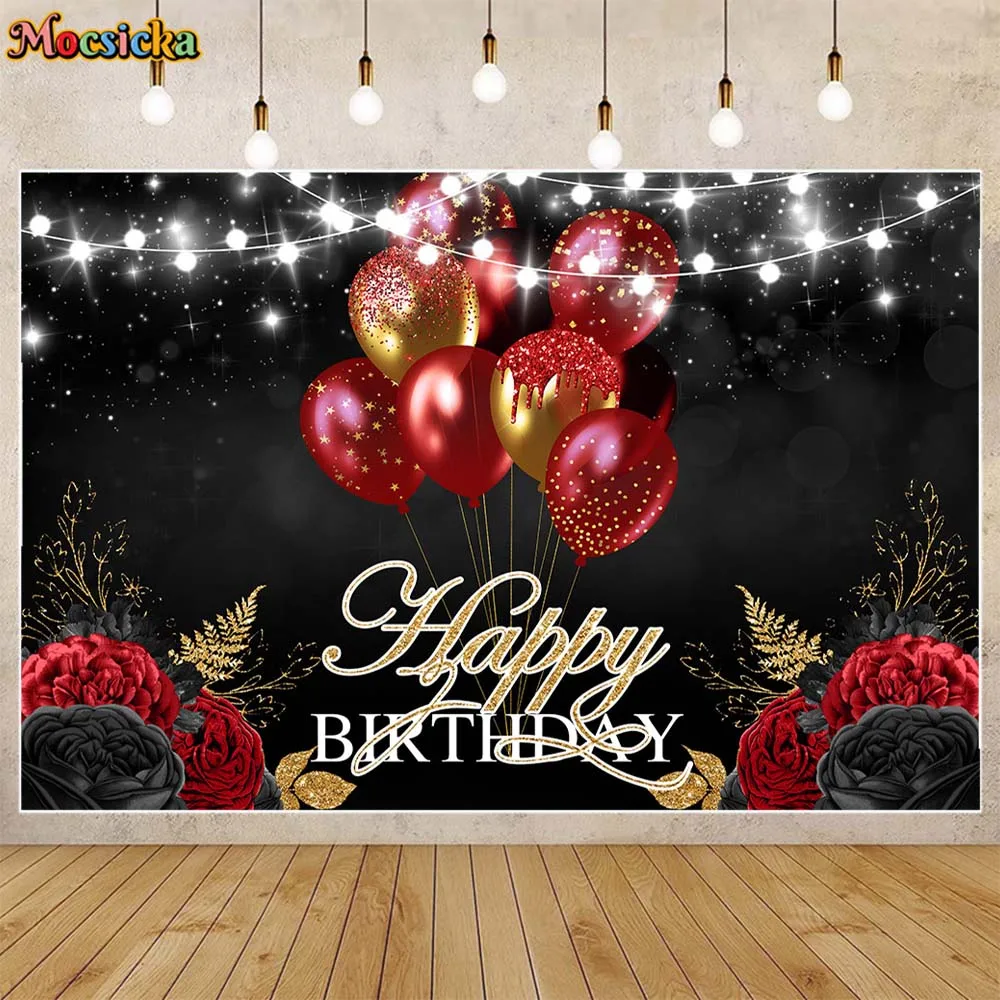 

Mocsicka Black Wall Happy Birthday Backdrop Glitter Red Balloons Women Birthday Party Decor Photo Background Banner Studio Props