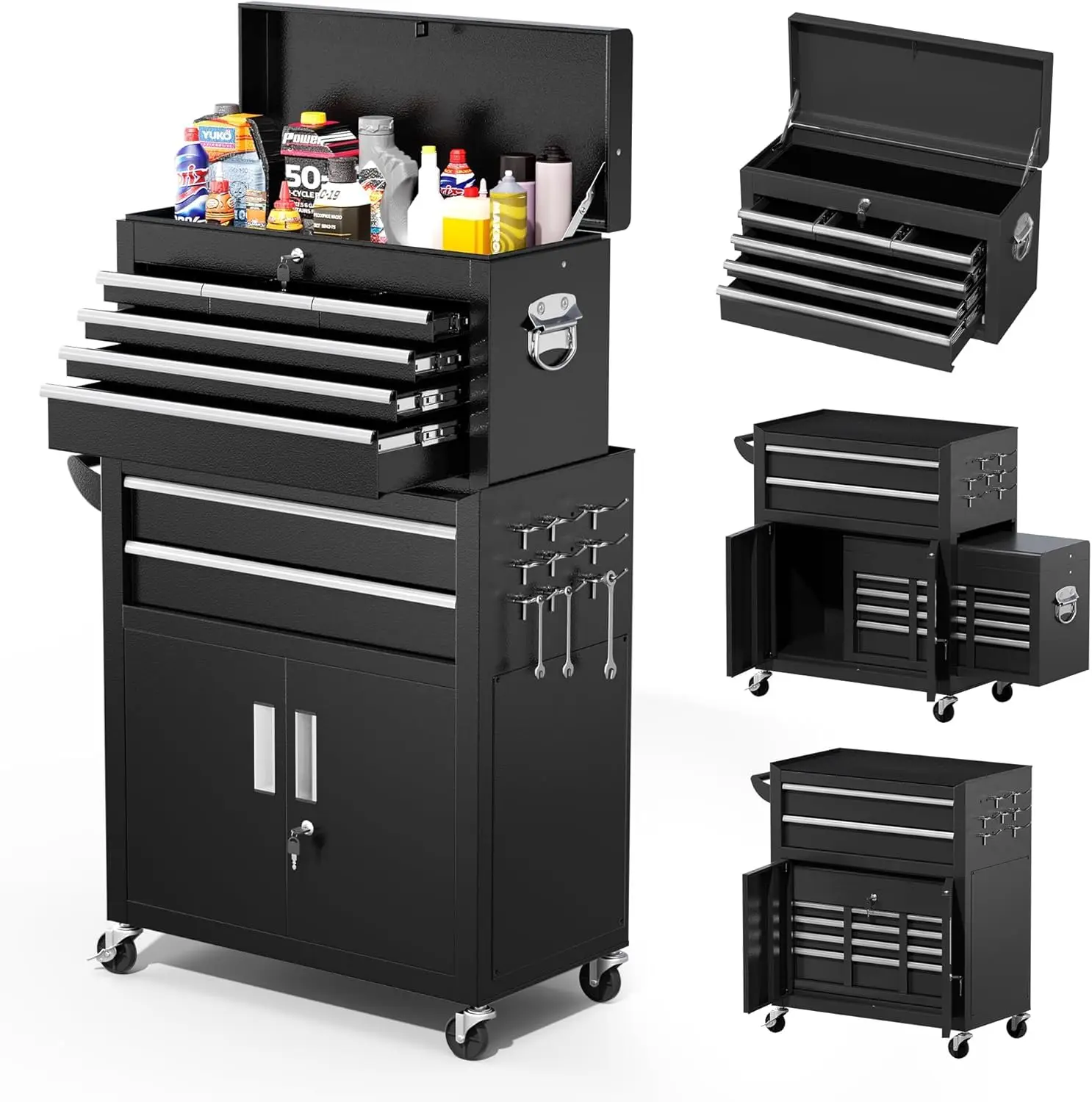 8 Drawers Rolling Tool Chest, Detachable Top Tool Box with Wheels & Side Hooks, Lockable Metal Tool Cabinet with Liners