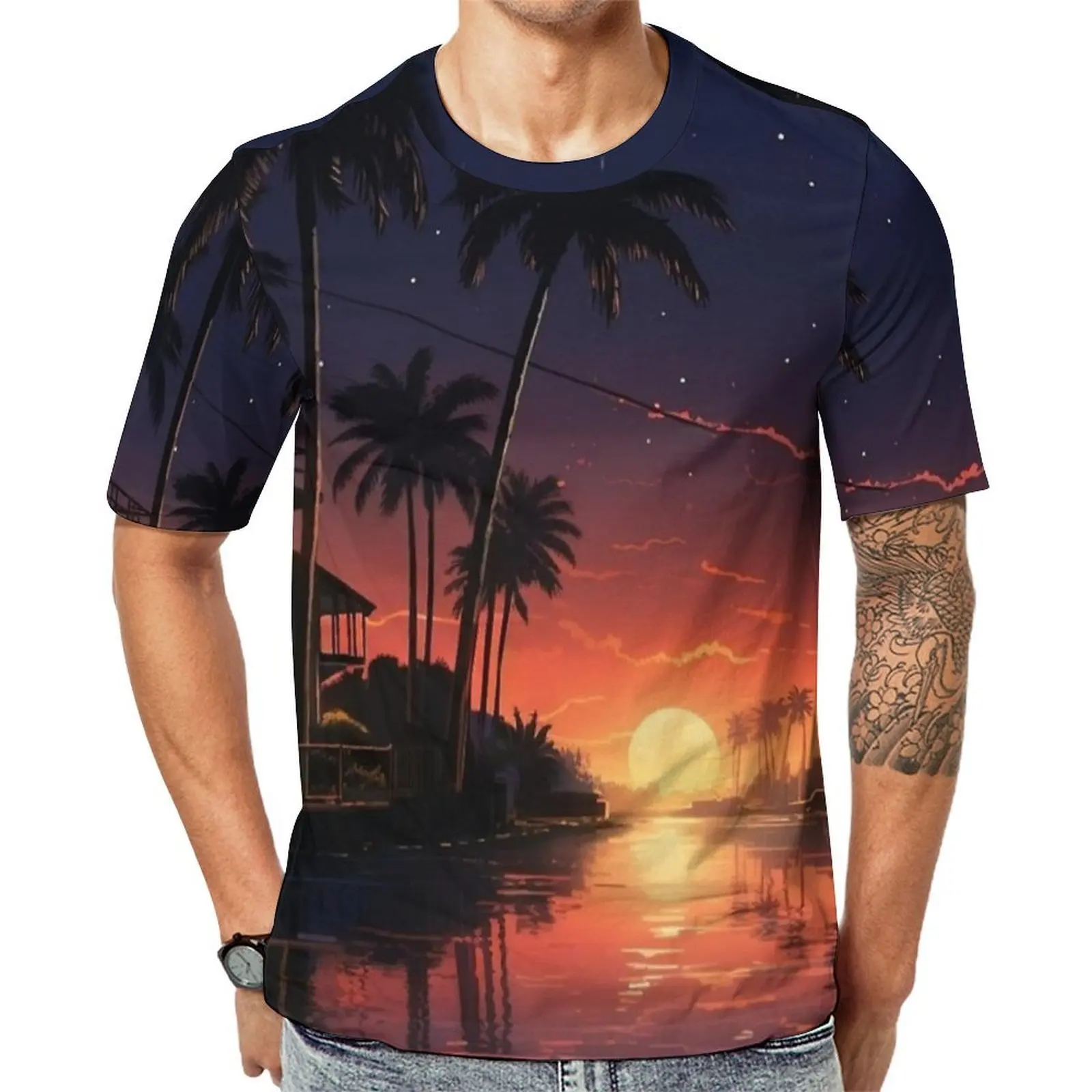 Male Miami Canal Sunset Print T-Shirt  Retro T Shirts Short Sleeves Custom Tops Hot Sale Summer Streetwear Plus Size Top Tees