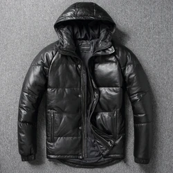 First-Layer Cowhide Down Jacket, Genuine Leather Jacket, Men's Hooded Winter Thickened Warm Large Size Casual Jacket