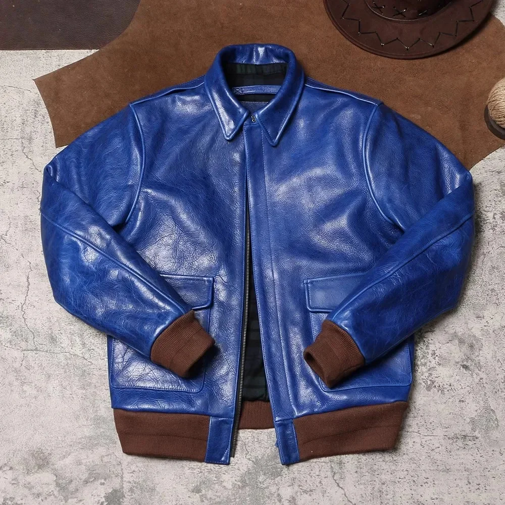 LNY Shop Best.Indigo.Classic Eastman A2 real leather jacket.Luxury 1.5mm Wax cowhide coat.Mens Heavy bomber cloth.