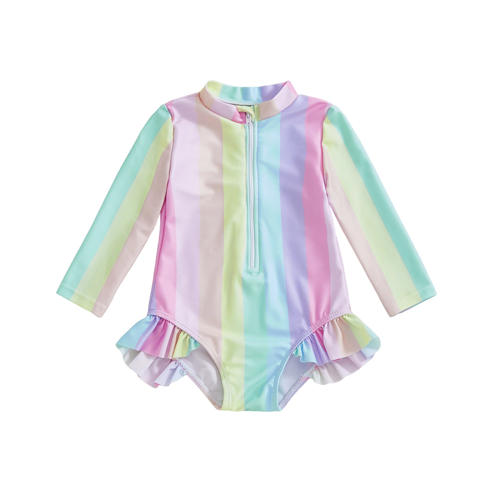 

Купальник для маленьких девочек, Рашгард, купальный костюм с радужным принтом и молнией с воротником-стойкой и длинными рукавами