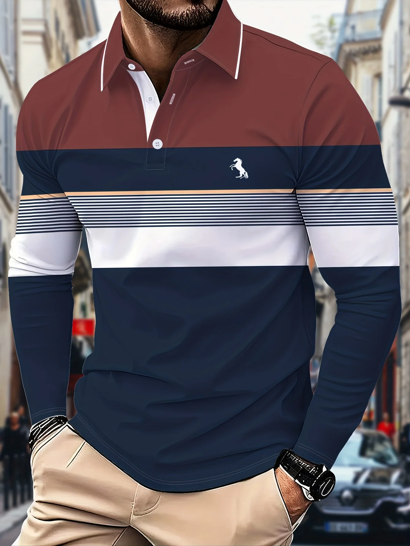 New Men's Stylish Autumn Polo Shirt Minimalist Striped Long-Sleeve Polo with Button Detail Men's Business-Casual Athletic Top