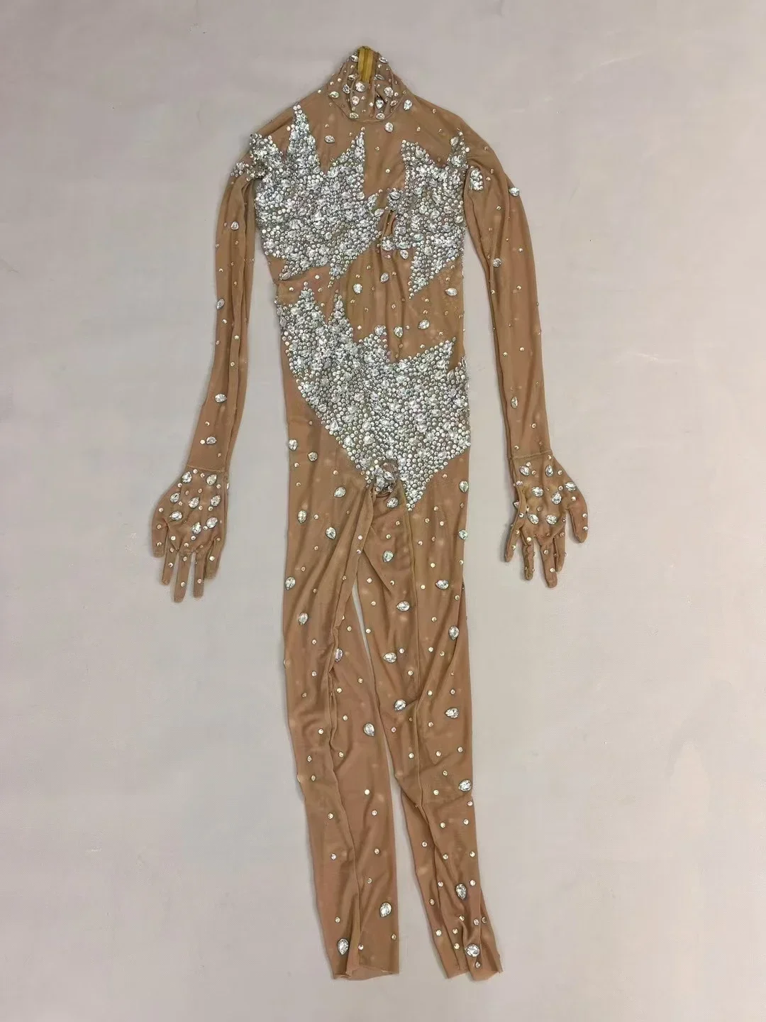 Diamentowy Kombinezon Przezroczyste Dżety Siateczkowe Rękawiczki Klub Nocny Bar DJ Piosenkarz Tancerz Występ Kostium Taneczny Impreza Klubowa Pokaz