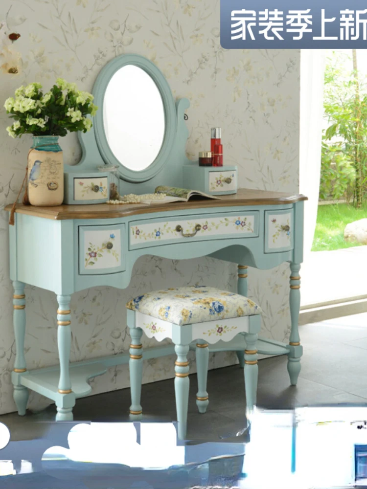 

Dresser European-Style Distressed Dresser Dressing Stool Combination Dressing Table with Mirror Painted Bedroom Makeup Table