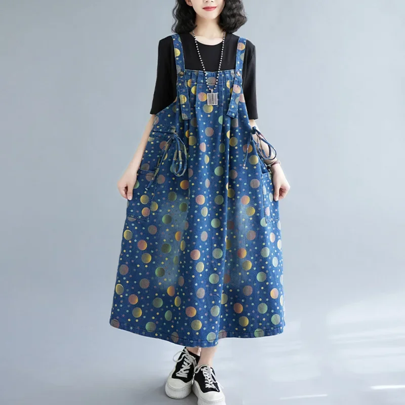 

Polka Dot Printed Denim Camisole Dress Women Blue Sleeveless Overalls Jeans Dress Side Pockets Vintage A-line Dress Summer