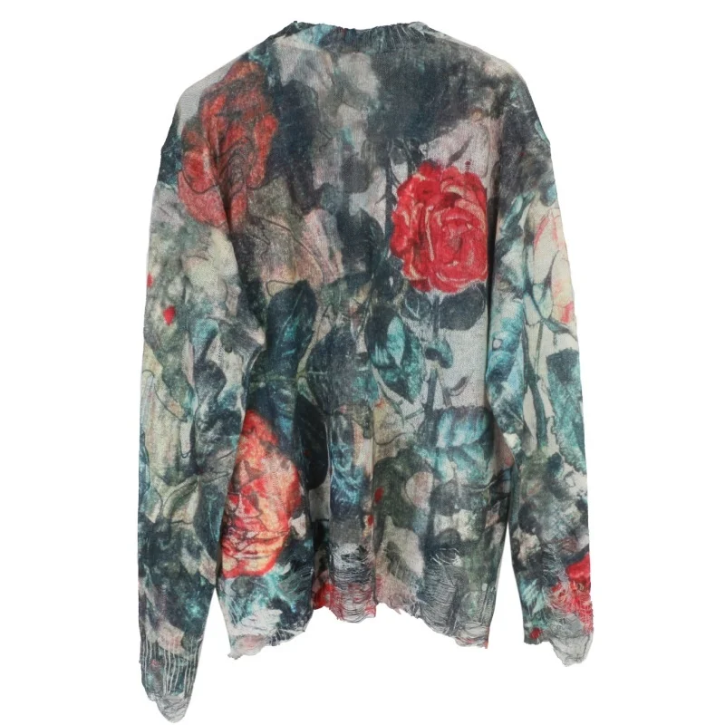 2025년 가을 신상 카모플라주 장미 프린트 니트 스웨터 Y2K 여성 한국 레트로 꽃자수 V넥 니트 가디건