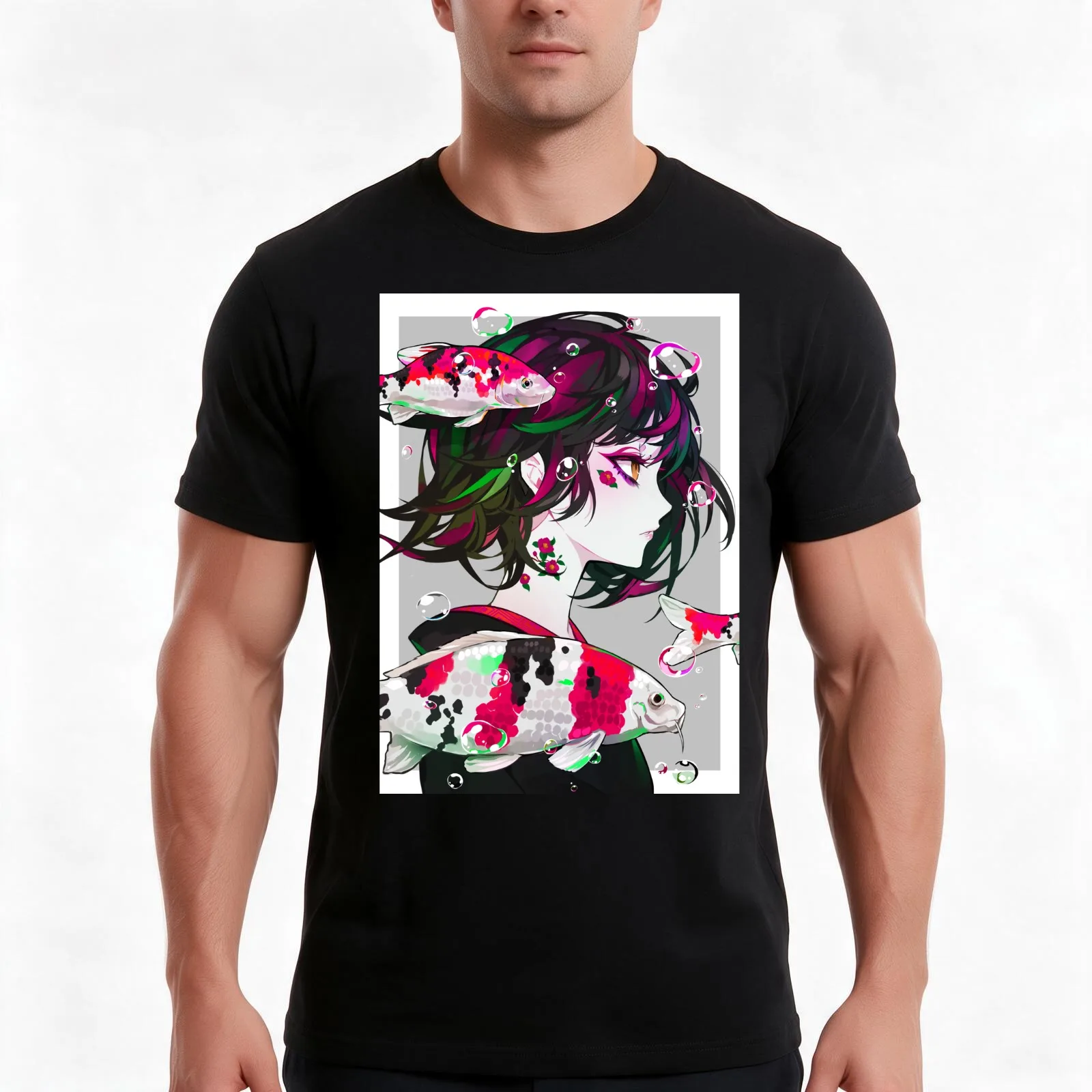 Vivid Koi T-Shirt, Summer Casual Cotton Tee, Oversized Streetwear Tops, Vintage Graphic Print, Loose Fit Short Sleeve