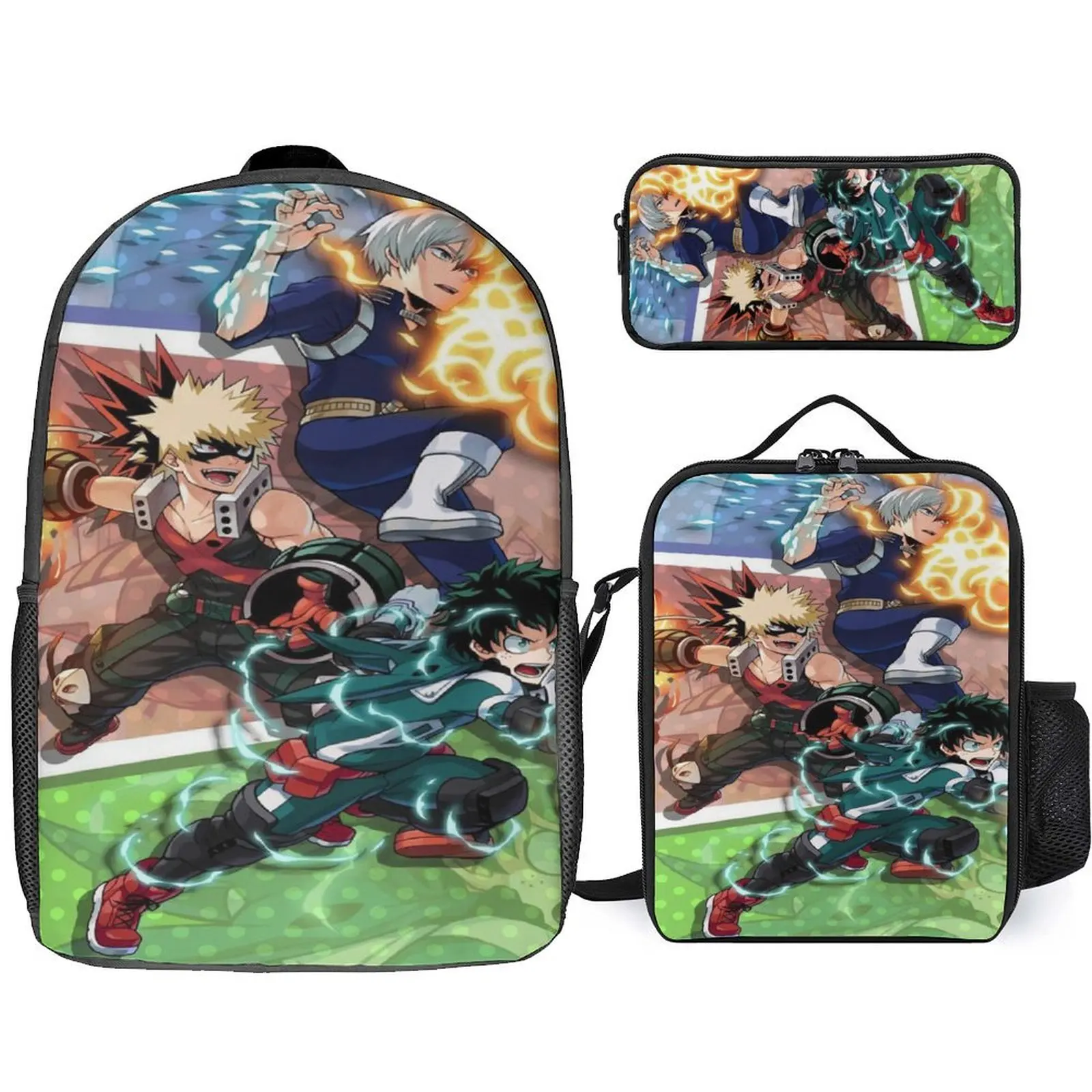 Mochila escolar personalizada, regalo sorpresa de la temporada de regreso a la escuela para niños y niñas, bolsa de comida, bolsa para bolígrafos, Anime Hero, impresión 3d, 3 piezas