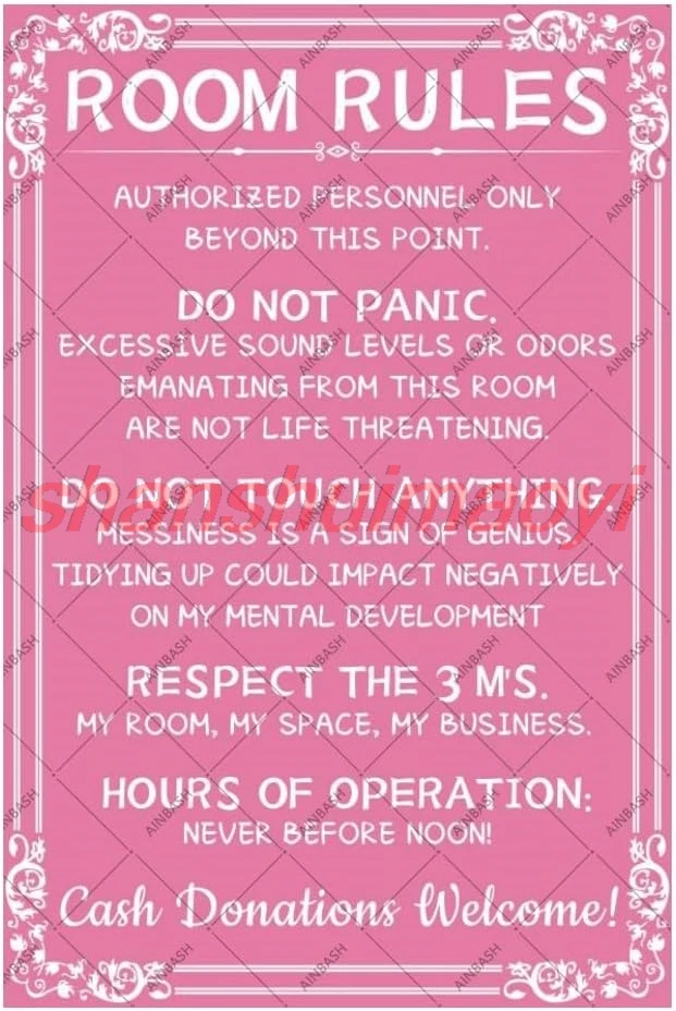 Teen Girl Room Decor Room Rules Sign Pink Stuff Metal Tin Sign Girls Room Decor Tin Poster Aesthetic Door Decor Tin Plaque  sign
