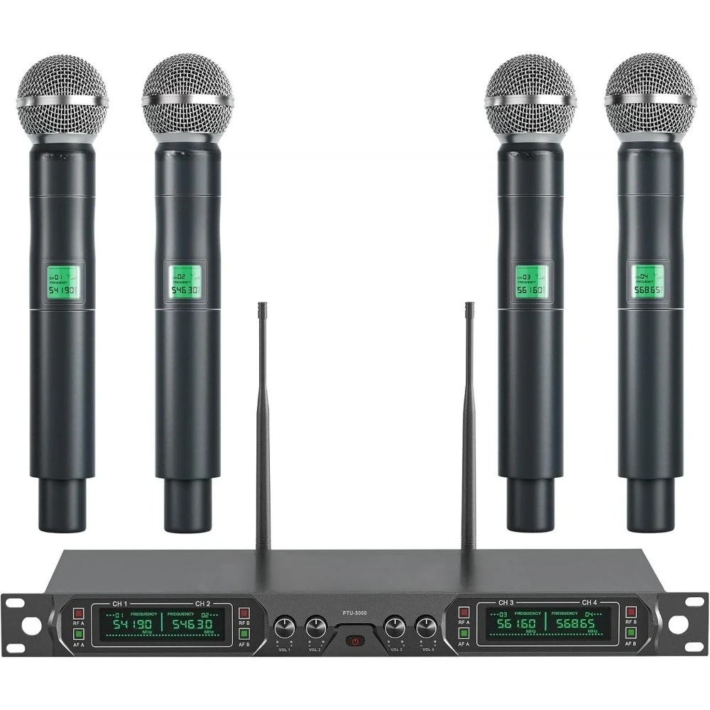 

4-Channel UHF Wireless Microphone System with 4 Dynamic Handheld Mics 260ft Range for Church Singing