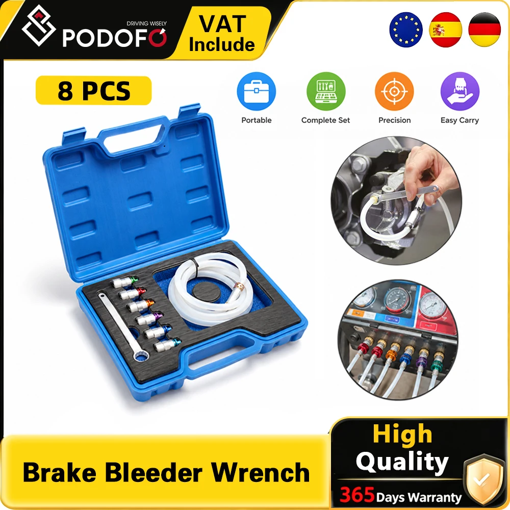 Kit de purge de freins Podofo 8 pièces avec clé de purge, outil de purge de liquide avec tuyau à clapet anti-retour, accessoires universels pour l'atelier de réparation de voitures, camions, SUV et motos