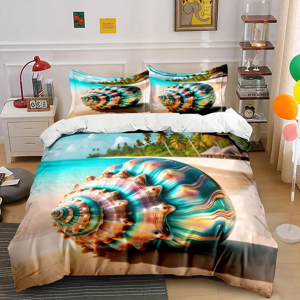 Colorful seashell on tropical beach Bedding Set for Kids Luxury Gift 3pc Digital Print Comforter Set Soft Comfortable Breathable