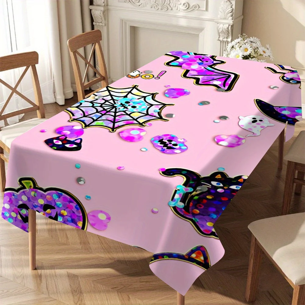 Pink Halloween Rectangle Tablecloth Sequin Pumpkin Ghost Bat Spider Web Table Cloth Waterproof Halloween Dining Party Decor