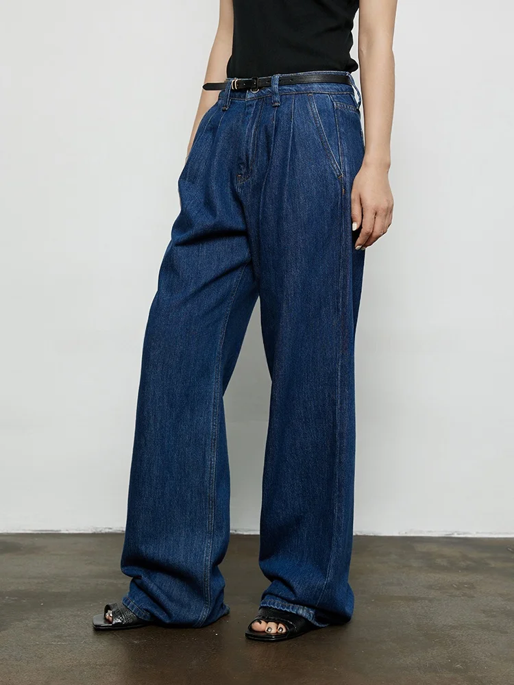 

Классические прямые джинсы из хлопкового денима для женщин, свободные длинные брюки, весна 2024, новинка, простые синие джинсы