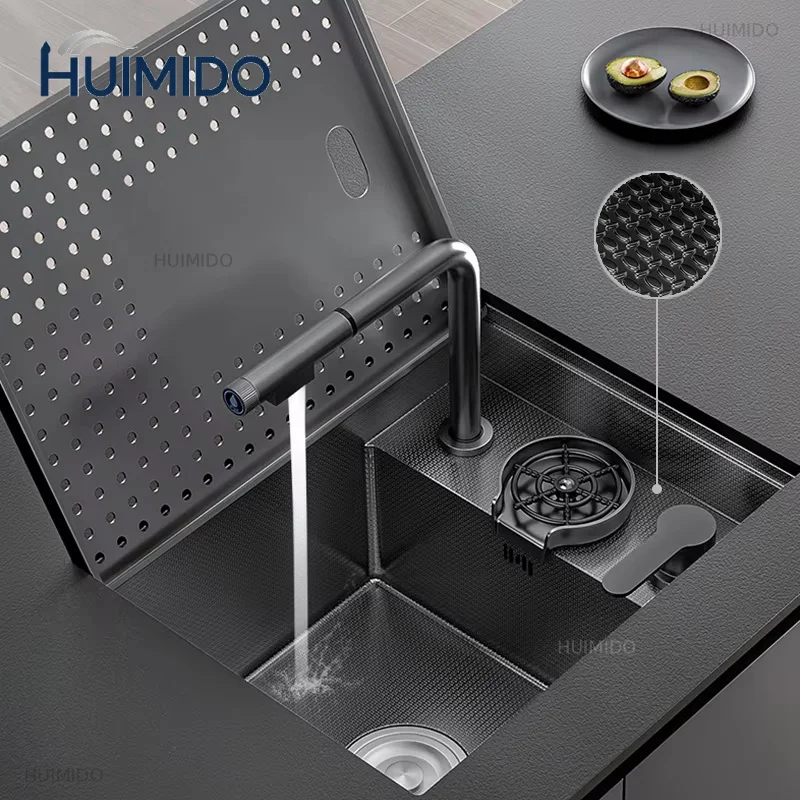 Stainless Steel Hidden Island Sink Rice Grain Embossing Prevent Scratches Handmade Single Cup Rinser Kitchen Sinks