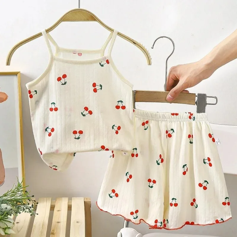 Summer New Baby Sleeveless Tops And Tight Waist Shorts 2 Pieces Suit Girls Square Collar Clothing Set Kids Cotton Clothes