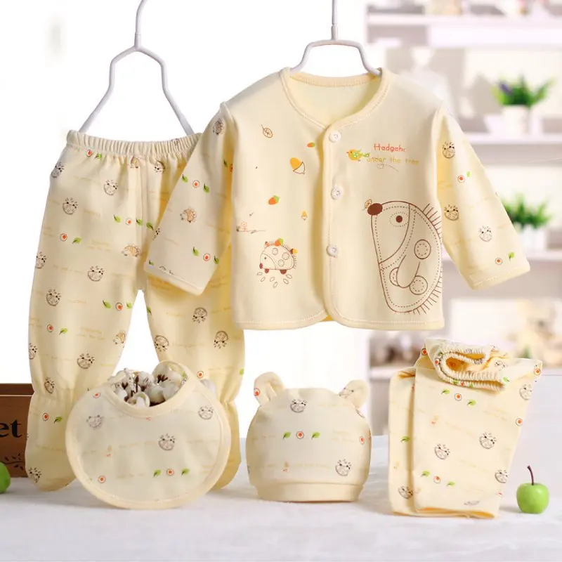 5pcs Newborn Baby 0-3m Clothing Sets Baby Boy Girl Top 2 Pants Hat Bibs Clothes Cotton Cartoon Underwear Infant Breathable Suit