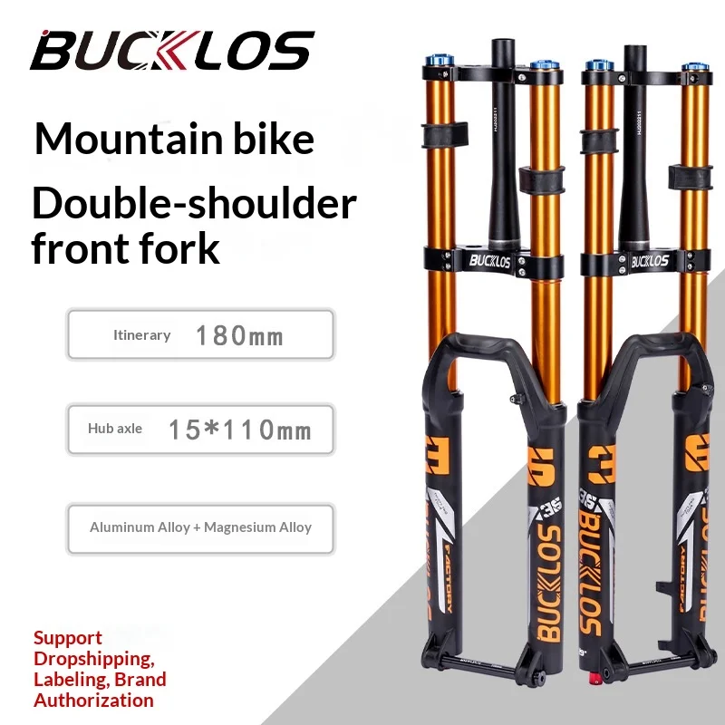 Bucklos Mountain Bike Front Fork 27.5 29 Inch Golden Tapered Tube Double Shoulder Air Fork 15mm Thru Axle Damping Aluminum Alloy