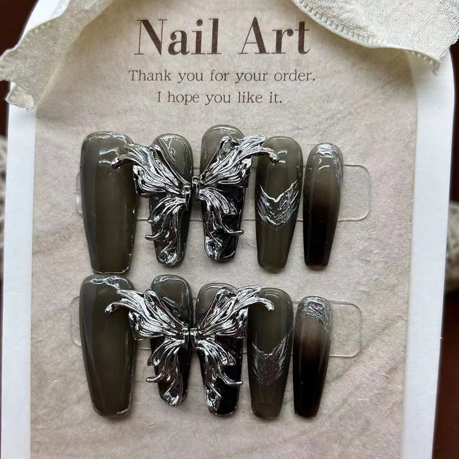 

10pcs Handmade Dark Fake Nails With Metal Butterfly Decor Black Gradient Long False Nails Ballerina Y2k Nails Press On Finished