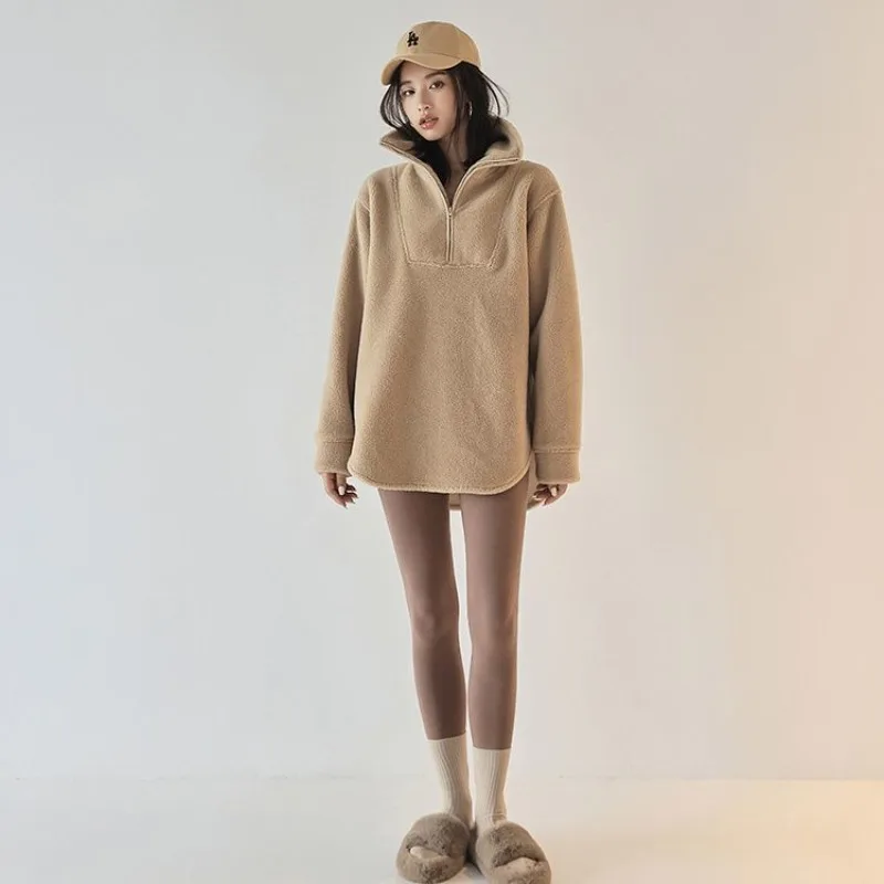 Women's Sweatshirts Fairy Winter Autumn Hoodies Tops Pullover Padded Thickened Flip Collar Pelletized Velvet Simple Loose 2
