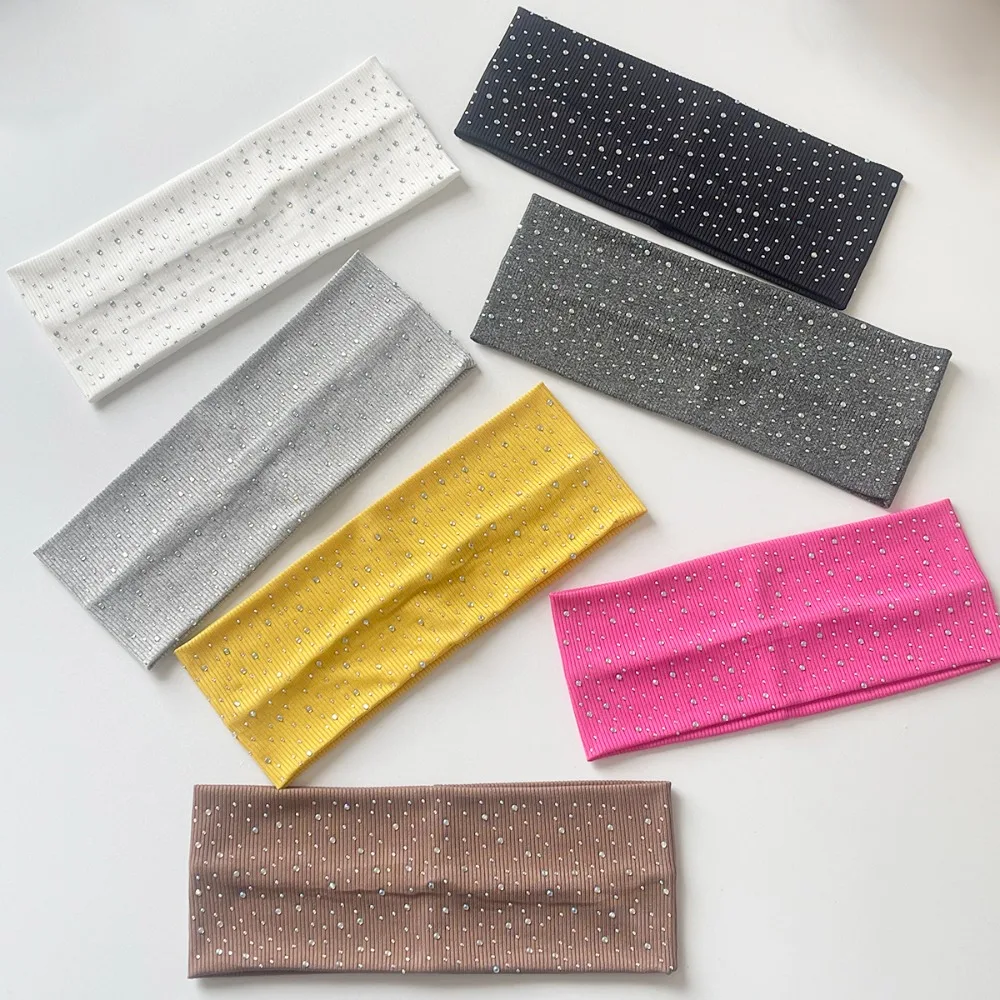 New Sweat-Absorbing Yoga Headband Elastic Solid Color Elastic Turban Breathable Bling Diamond Headwear Sports
