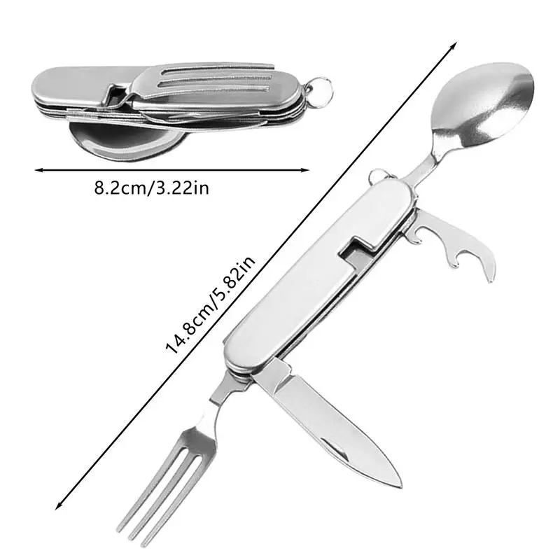 4 in 1 Set di posate da campeggio in acciaio inox pieghevole cucchiaio forchetta coltello apribottiglie Set utensili da campeggio all'aperto stoviglie da Picnic