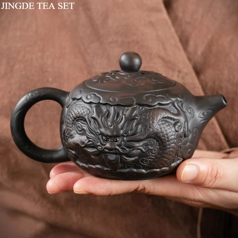 Purple Clay Pottery Dragon Relief Teapot, Handmade Tea Pot, High-end Kung Fu Tea Set,puer Tea Ceremony, Three Talent Cup 1PCS