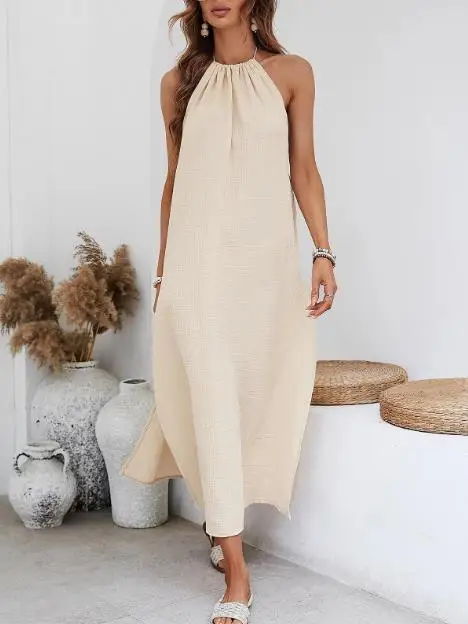 

Women's Dress New Sexy Beach Vacation Style Solid Color Round Neck Loose Backless Slit Design Sleeveless Hanging Neck Dress