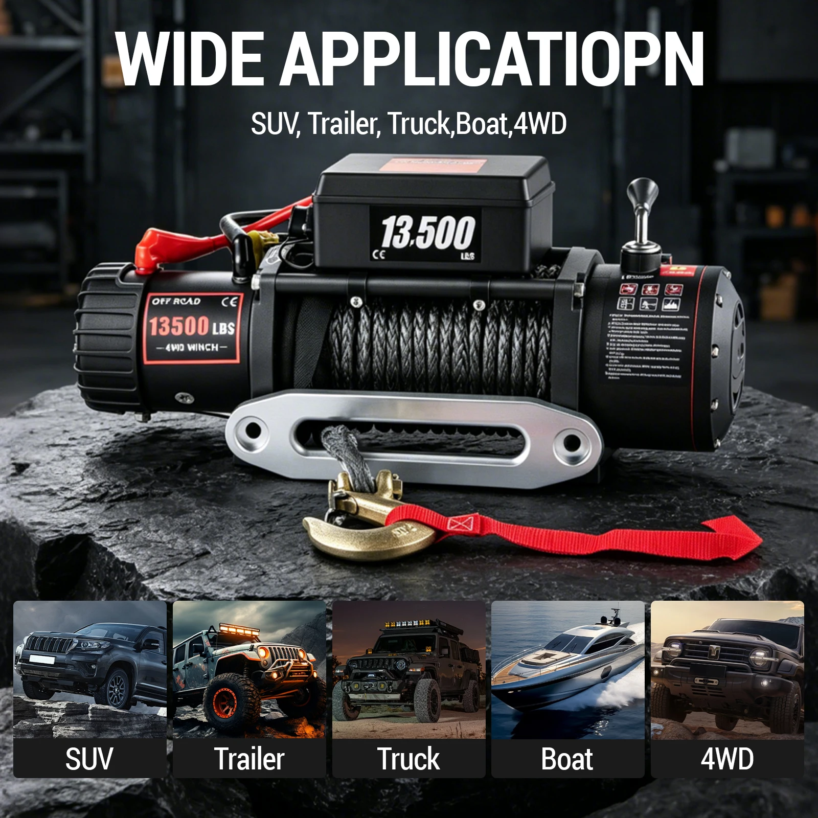 VEVOR Elektrische Winde 13500LBS 12V Synthetisches Abschleppseil 24M/92FT Hebezug für 4X4 Auto Anhänger ATV LKW Offroad Boot – Detail 8