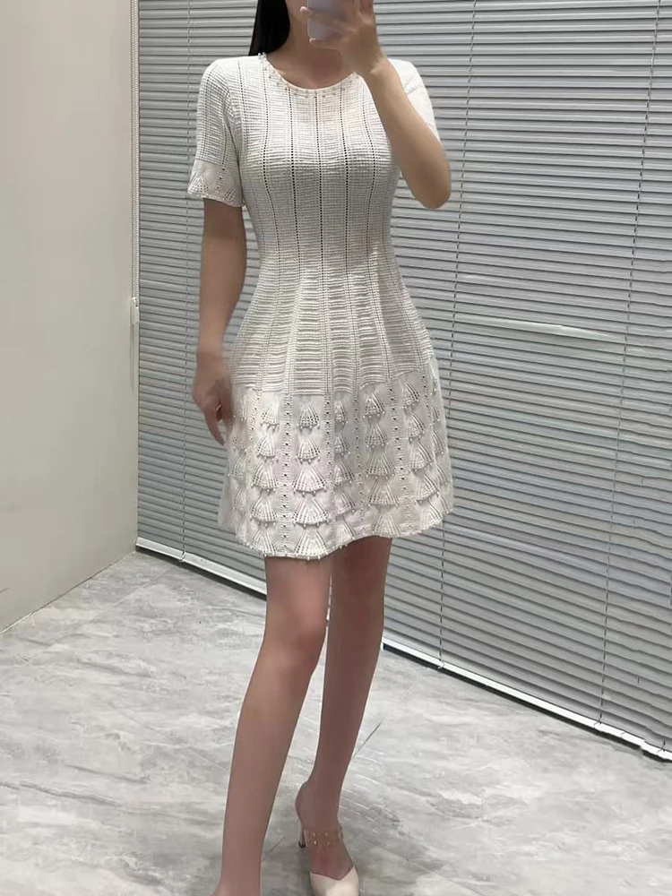

Women's French Little Fragrance Pearl Round Neck Crochet Hollow Out Dress, Slim Knit Short Dress, High Quality Dresses, New, y2k